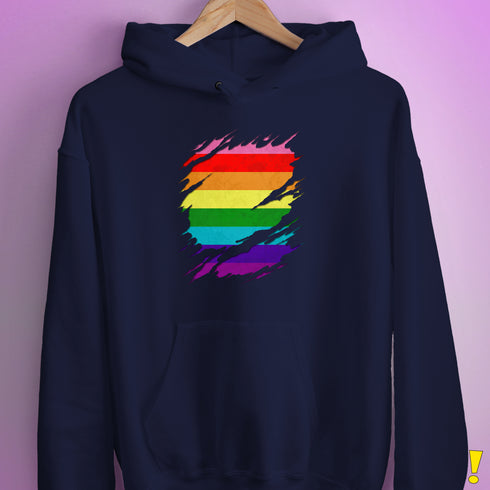 Original Gilbert Baker LGBTQ Gay Pride Flag Ripped Reveal Hoodie - Navy